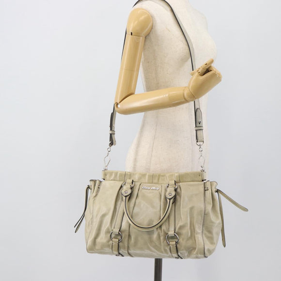 Miu Miu Hand Bag Leather 2way Beige Silver Auth bs36777V