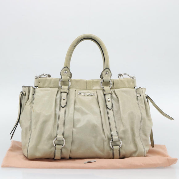 Miu Miu Hand Bag Leather 2way Beige Silver Auth bs36777V