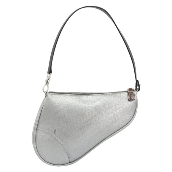 Christian Dior Trotter Canvas Saddle Accessory Pouch Leather Silver Auth bs36786