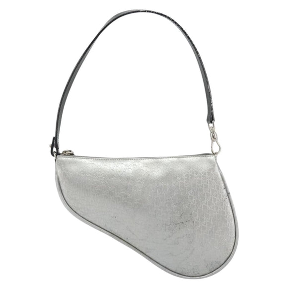 Christian Dior Trotter Canvas Saddle Accessory Pouch Leather Silver Auth bs36786