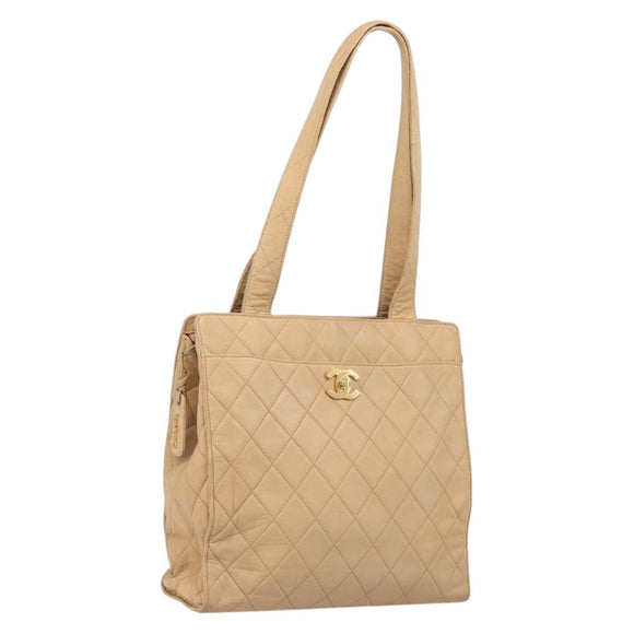 CHANEL Matelasse Shoulder Bag Lamb Skin Beige Gold CC Auth bs36843