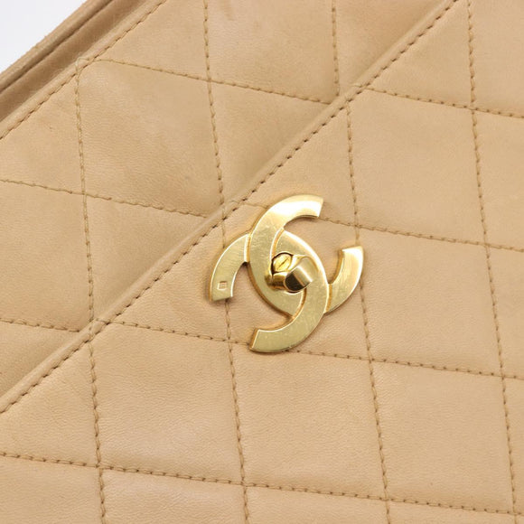 CHANEL Matelasse Shoulder Bag Lamb Skin Beige Gold CC Auth bs36843