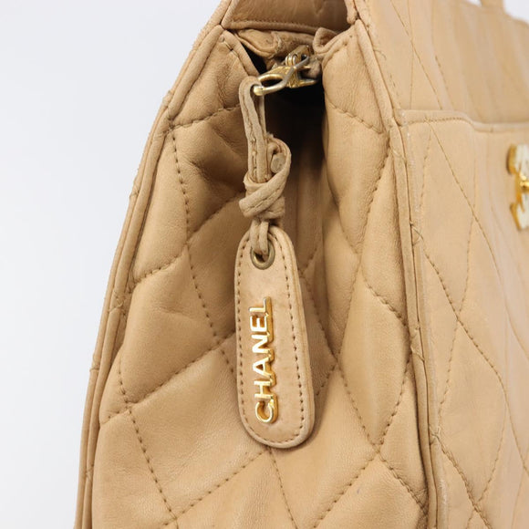 CHANEL Matelasse Shoulder Bag Lamb Skin Beige Gold CC Auth bs36843