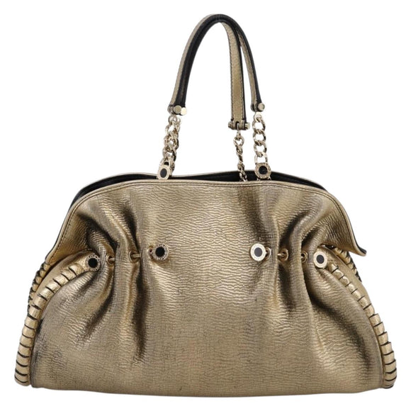BVLGARI Chain Hand Bag Leather Gold Tone Auth bs36845