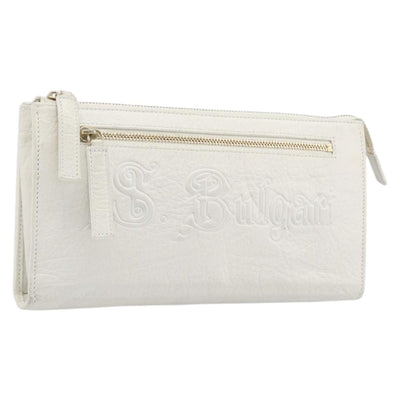 BVLGARI Clutch Bag Leather White Gold Auth bs36852