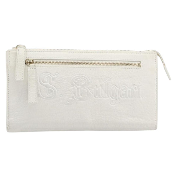 BVLGARI Clutch Bag Leather White Gold Auth bs36852