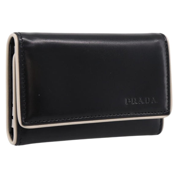 PRADA Key Case Leather Black Silver Auth bs36853