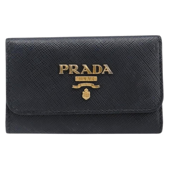 PRADA Key Case Safiano Leather Navy Gold Auth bs36879