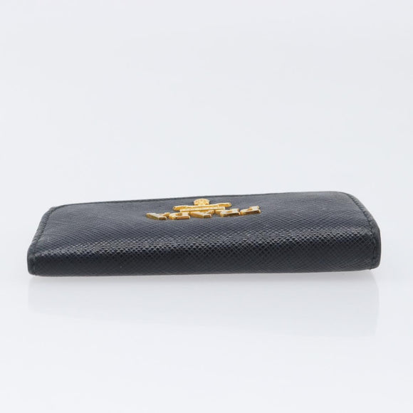 PRADA Key Case Safiano Leather Navy Gold Auth bs36879