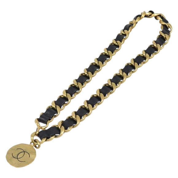 CHANEL Chain Belt Metal 29.1"" Black Gold CC Auth bs36890V