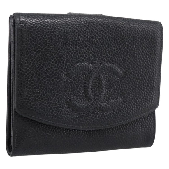 CHANEL COCO Mark Bifold Wallet Caviar Skin Black Gold CC Auth bs36909