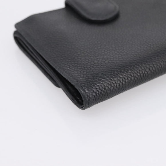CHANEL COCO Mark Bifold Wallet Caviar Skin Black Gold CC Auth bs36909