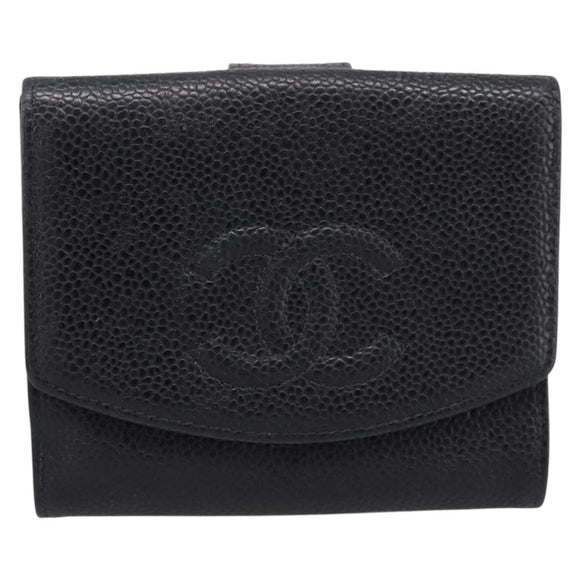 CHANEL COCO Mark Bifold Wallet Caviar Skin Black Gold CC Auth bs36909