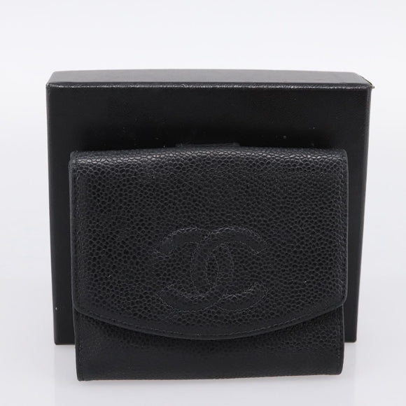 CHANEL COCO Mark Bifold Wallet Caviar Skin Black Gold CC Auth bs36909