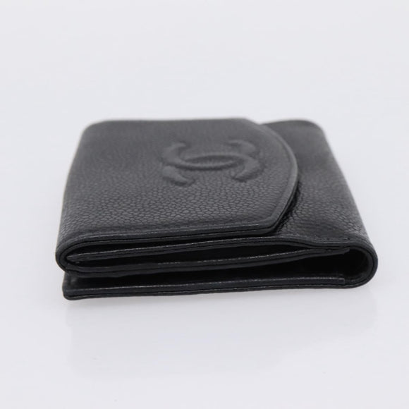 CHANEL COCO Mark Bifold Wallet Caviar Skin Black Gold CC Auth bs36909