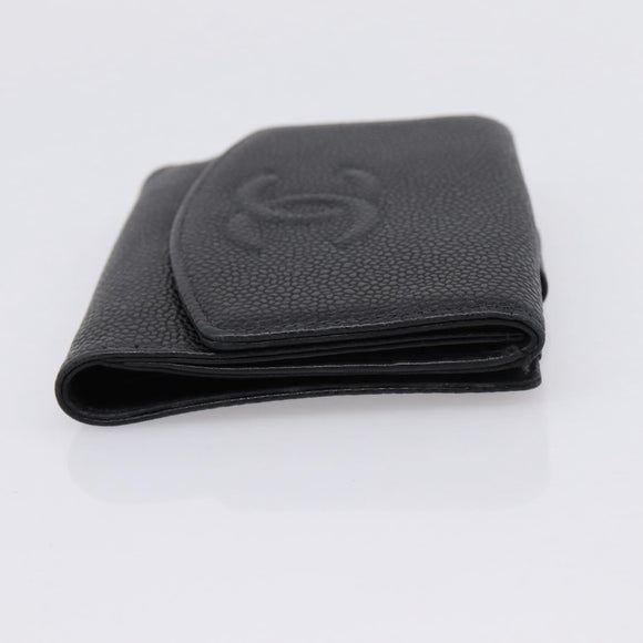 CHANEL COCO Mark Bifold Wallet Caviar Skin Black Gold CC Auth bs36909