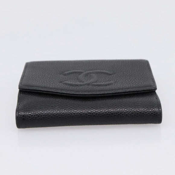 CHANEL COCO Mark Bifold Wallet Caviar Skin Black Gold CC Auth bs36909