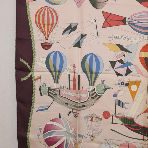 HERMES Carre 90 Scarf ""LES FOLIES DU CIEL"" Silk Pink Auth bs36920