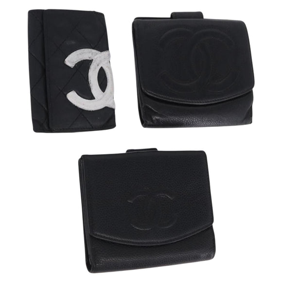 CHANEL Wallet Leather 3 Set Black CC Auth bs36923