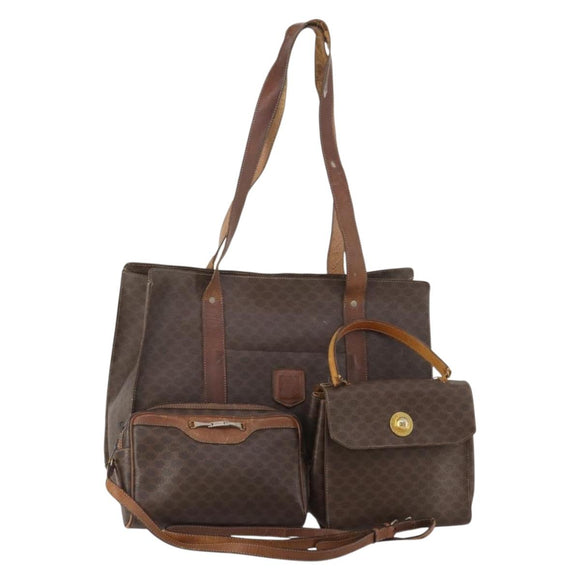 CELINE Macadam Canvas Shoulder Bag PVC Leather 3 Set Brown Auth bs36930