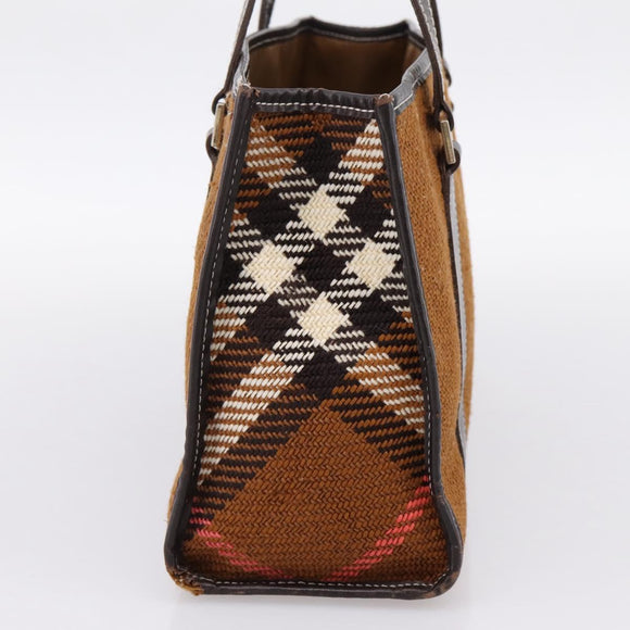 BURBERRY Nova Check Blue Label Hand Bag Wool Brown Gold Auth bs36933