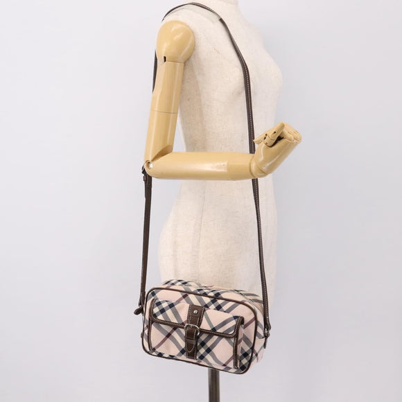 BURBERRY Nova Check Blue Label Shoulder Bag Canvas Beige Silver Auth bs36934