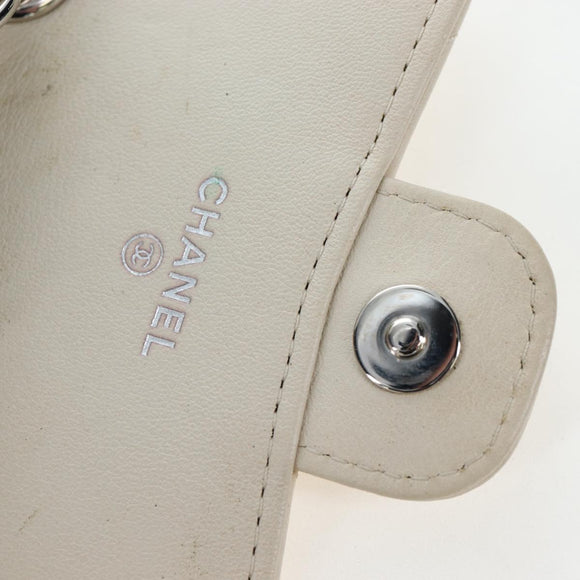 CHANEL V-stitch Classic Mini Chain Bag Lamb Skin Beige Silver CC Auth bs36939M
