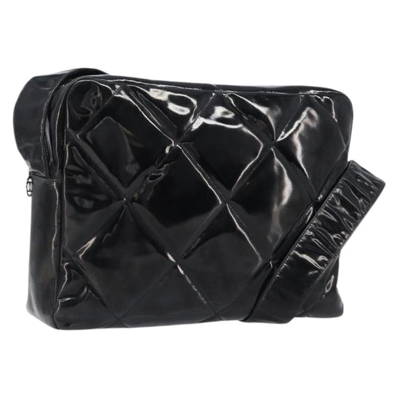 CHANEL Matelasse Shoulder Bag Patent leather Black Silver CC Auth bs36946