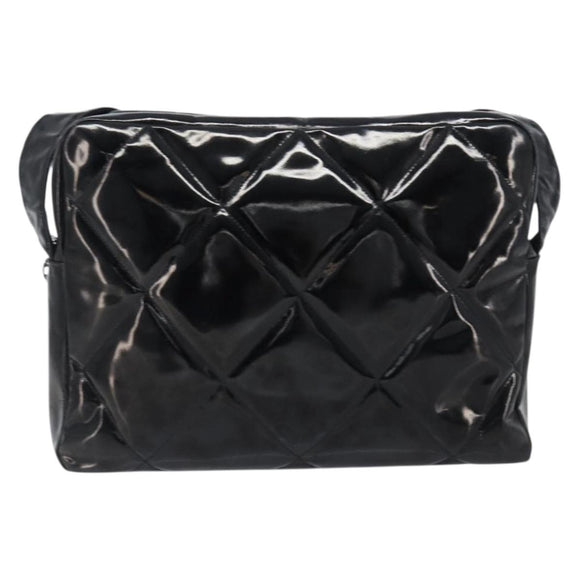 CHANEL Matelasse Shoulder Bag Patent leather Black Silver CC Auth bs36946