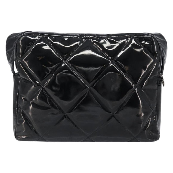CHANEL Matelasse Shoulder Bag Patent leather Black Silver CC Auth bs36946