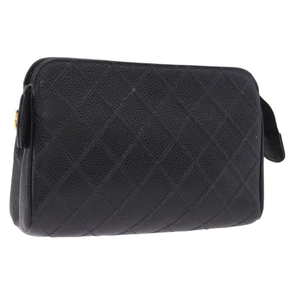 CHANEL Matelasse Pouch Caviar Skin Black Gold CC Auth bs36949