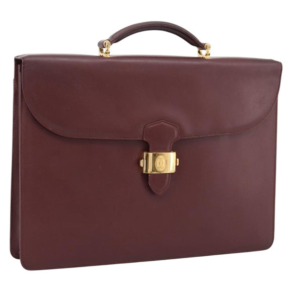 CARTIER Must Line Business Bag Leather Bordeaux Gold Auth bs36958