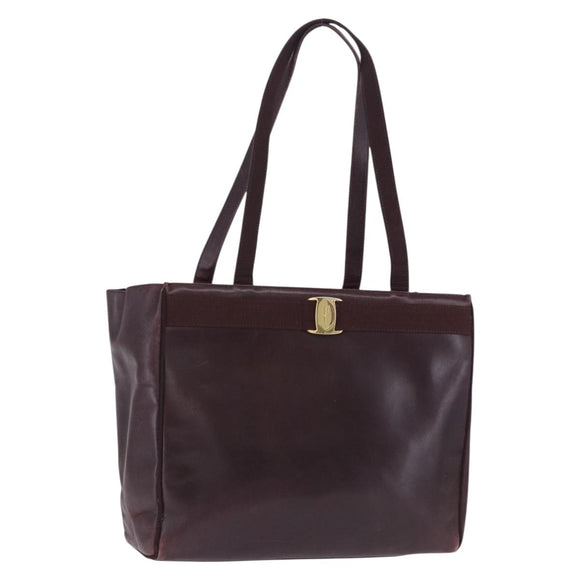 Salvatore Ferragamo Tote Bag Leather Wine Red Gold Auth bs37015