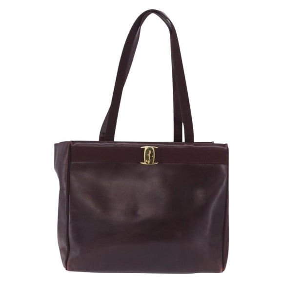 Salvatore Ferragamo Tote Bag Leather Wine Red Gold Auth bs37015