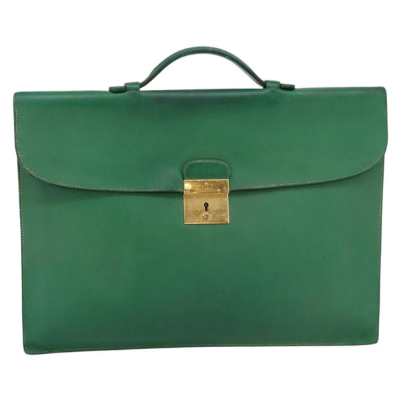HERMES Kirius Business Bag Leather Green Gold Auth bs37018