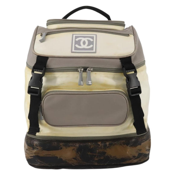 CHANEL Sports Line COCO Mark Backpack Nylon Leather Beige Silver CC Auth bs37020