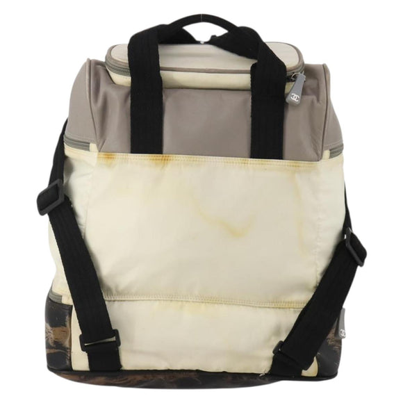 CHANEL Sports Line COCO Mark Backpack Nylon Leather Beige Silver CC Auth bs37020