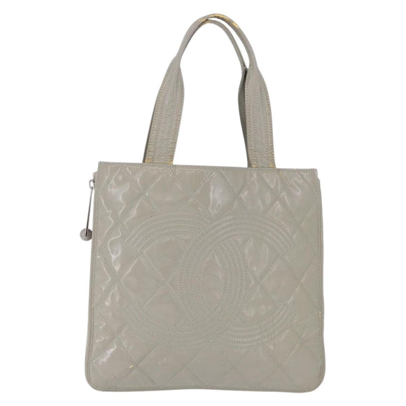 CHANEL Matelasse COCO Mark Tote Bag Patent leather Beige Silver CC Auth bs37021
