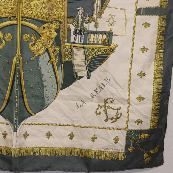HERMES Carre 90 Scarf ""VUE DU CAROSSE DE"" Silk Gray Auth bs37041