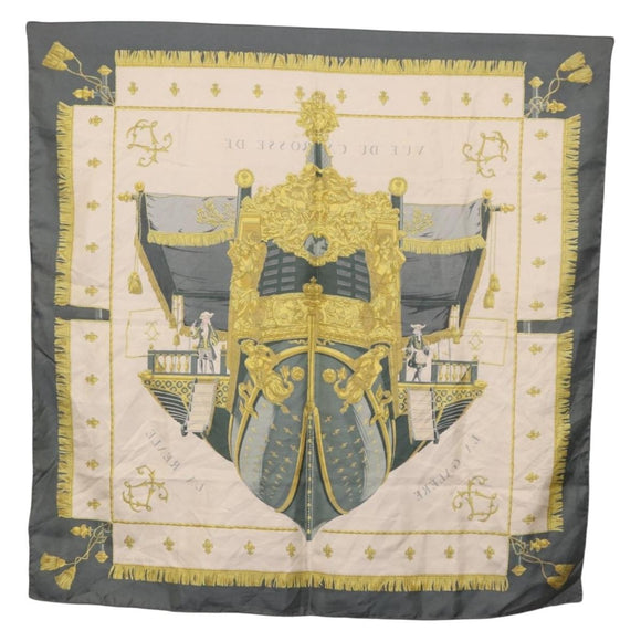HERMES Carre 90 Scarf ""VUE DU CAROSSE DE"" Silk Gray Auth bs37041