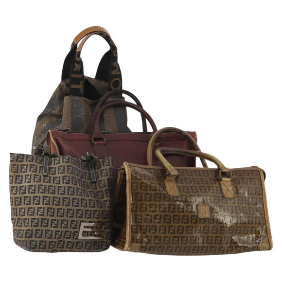 FENDI Tote Bag Coated Canvas Leather Nylon 4 Set Beige Black Brown Auth bs37049