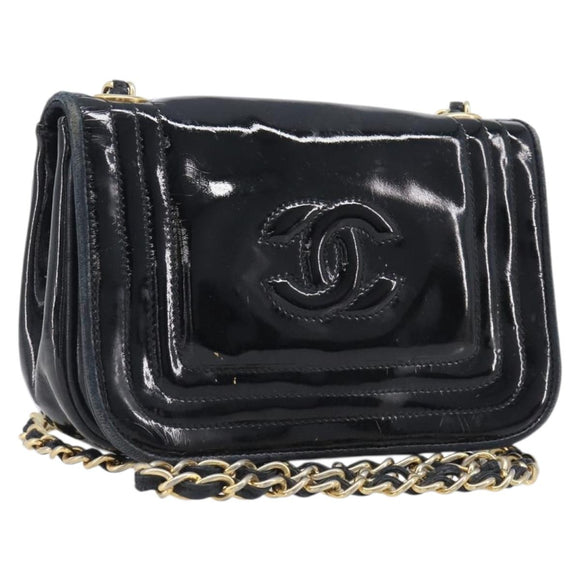CHANEL Chain Shoulder Bag Patent Black Gold Tone CC Auth bs37062