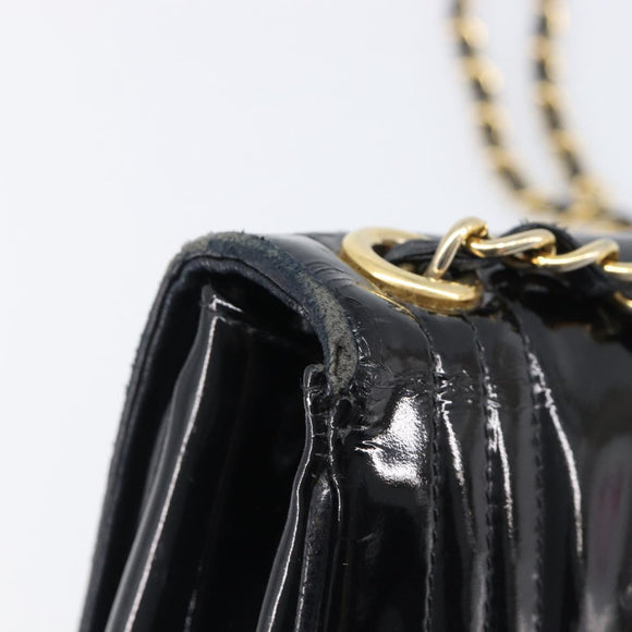 CHANEL Chain Shoulder Bag Patent Black Gold Tone CC Auth bs37062