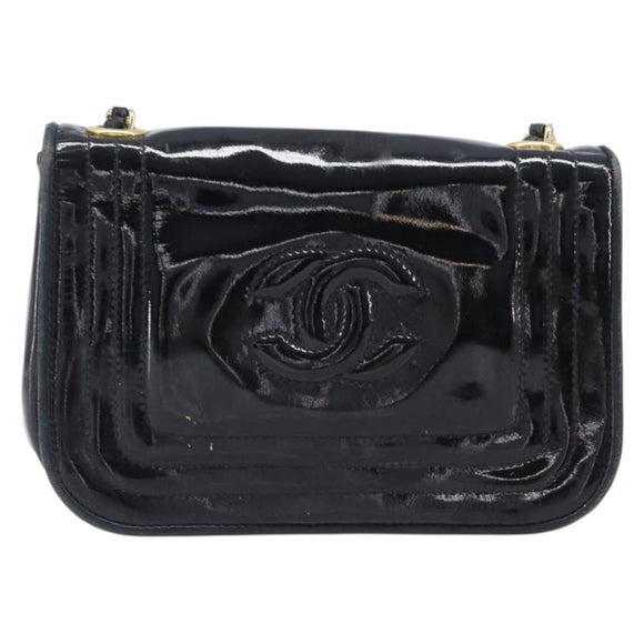 CHANEL Chain Shoulder Bag Patent Black Gold Tone CC Auth bs37062