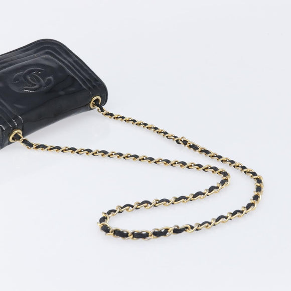CHANEL Chain Shoulder Bag Patent Black Gold Tone CC Auth bs37062