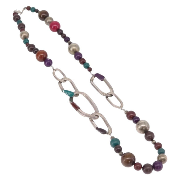 CHANEL Necklace Metal Silver Multicolor CC Auth bs37084