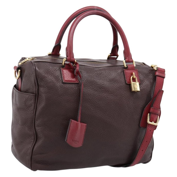LOEWE Hand Bag Leather 2way Bordeaux Gold Tone Auth bs37128A