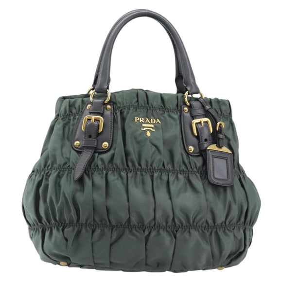 PRADA Hand Bag Nylon Green Gold Tone Auth bs37141A