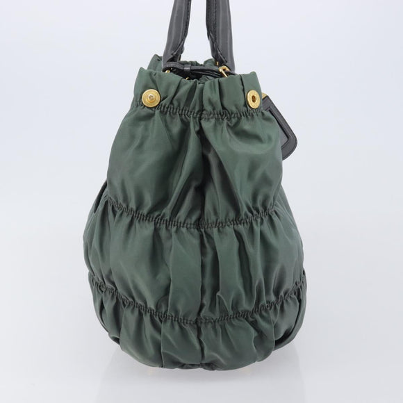 PRADA Hand Bag Nylon Green Gold Tone Auth bs37141A