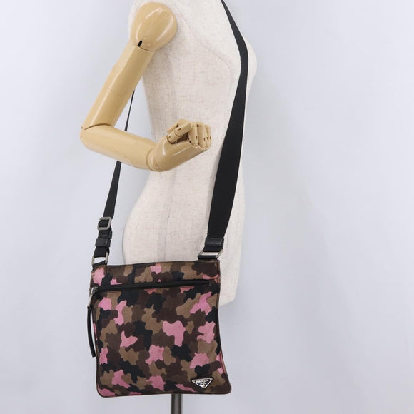 PRADA Shoulder Bag Canvas Camouflage Green Pink Auth bs37142